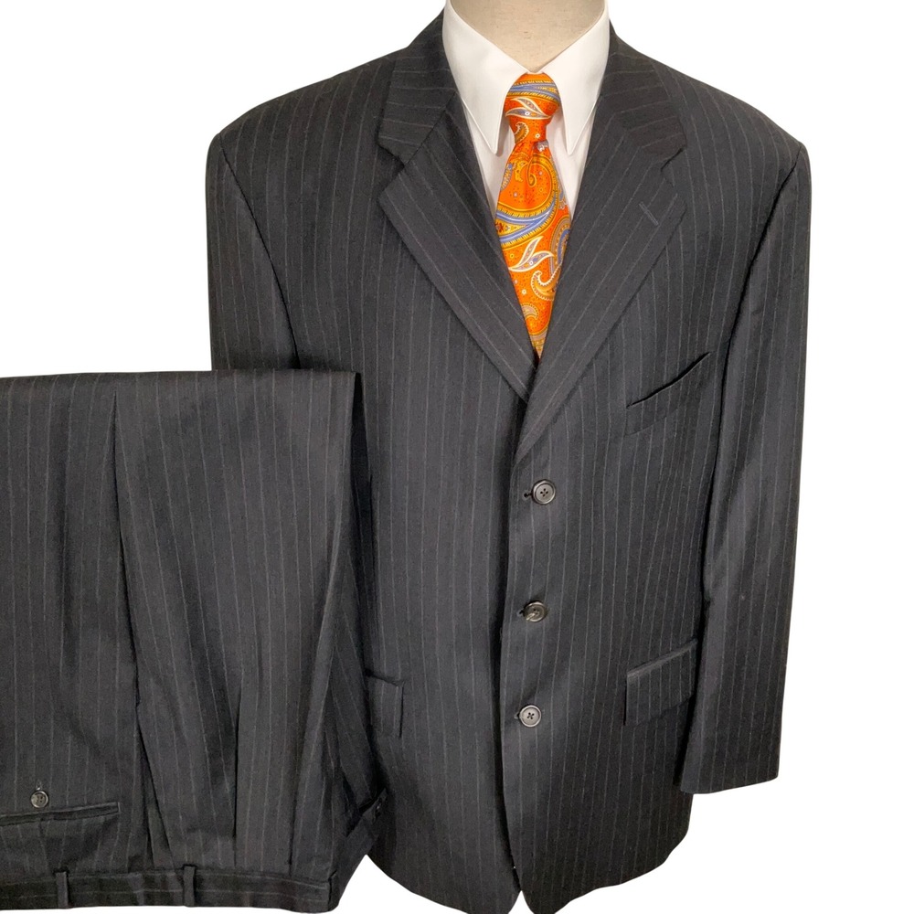Ralph Lauren Suit Mens 46R Charcoal Pinstripe Corporate Ivy League 3-Button Wool